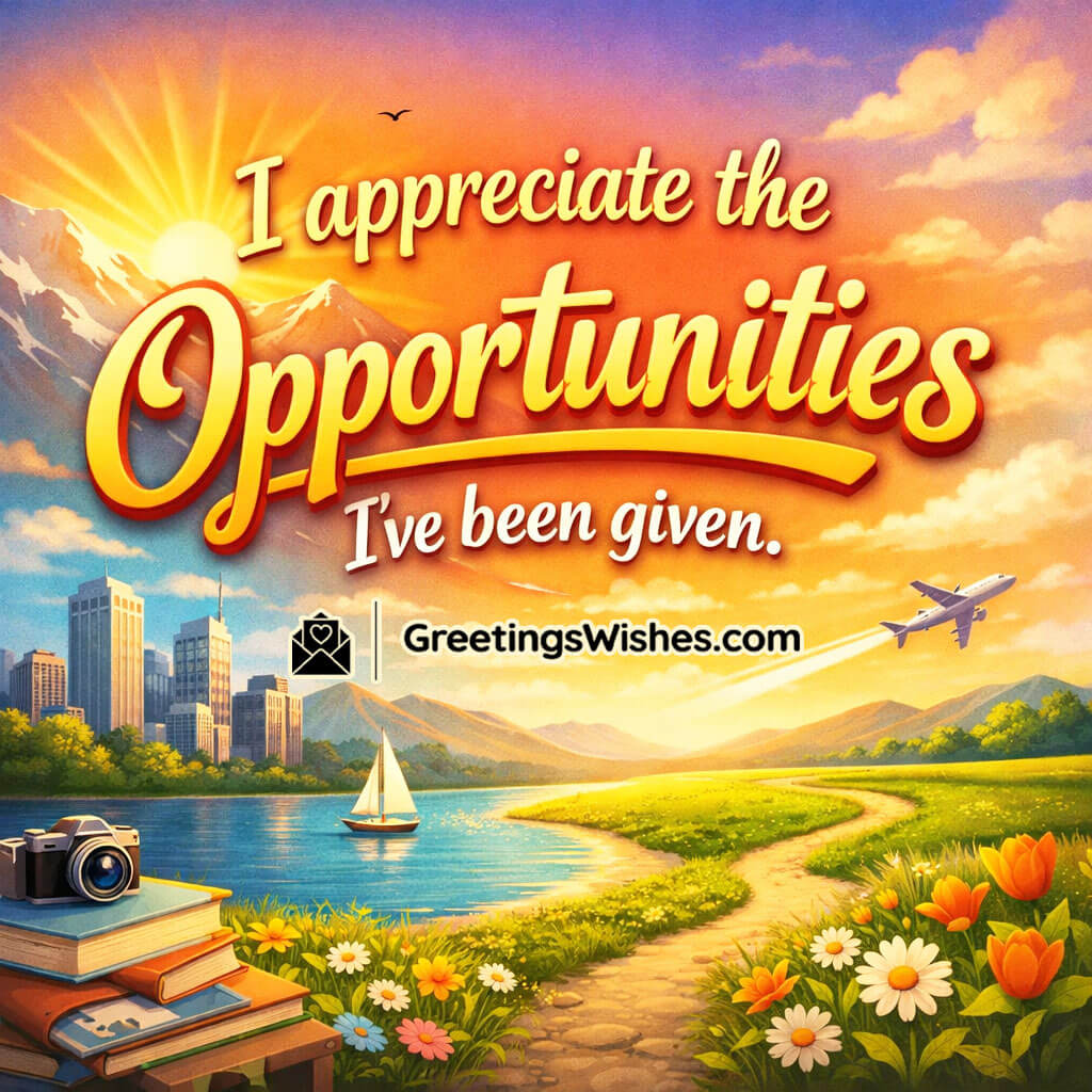 Appreciate the Opportunities Affirmation Quote image featuring a golden sunrise over a river with flowers, books, a camera, sailboat, and airplane symbolizing gratitude, travel, and new beginnings.