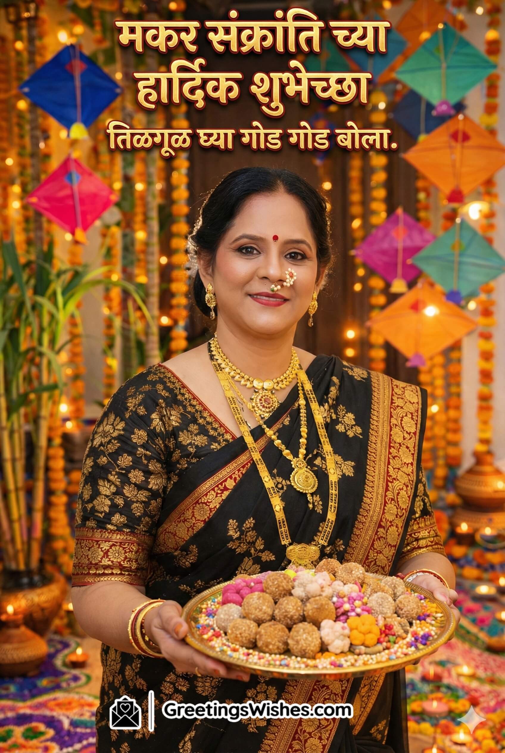 Black saree Sankranti home photo showing a woman holding tilgul laddus near a sunlit window with hanging kites, sugarcane, rangoli, and festive decorations.