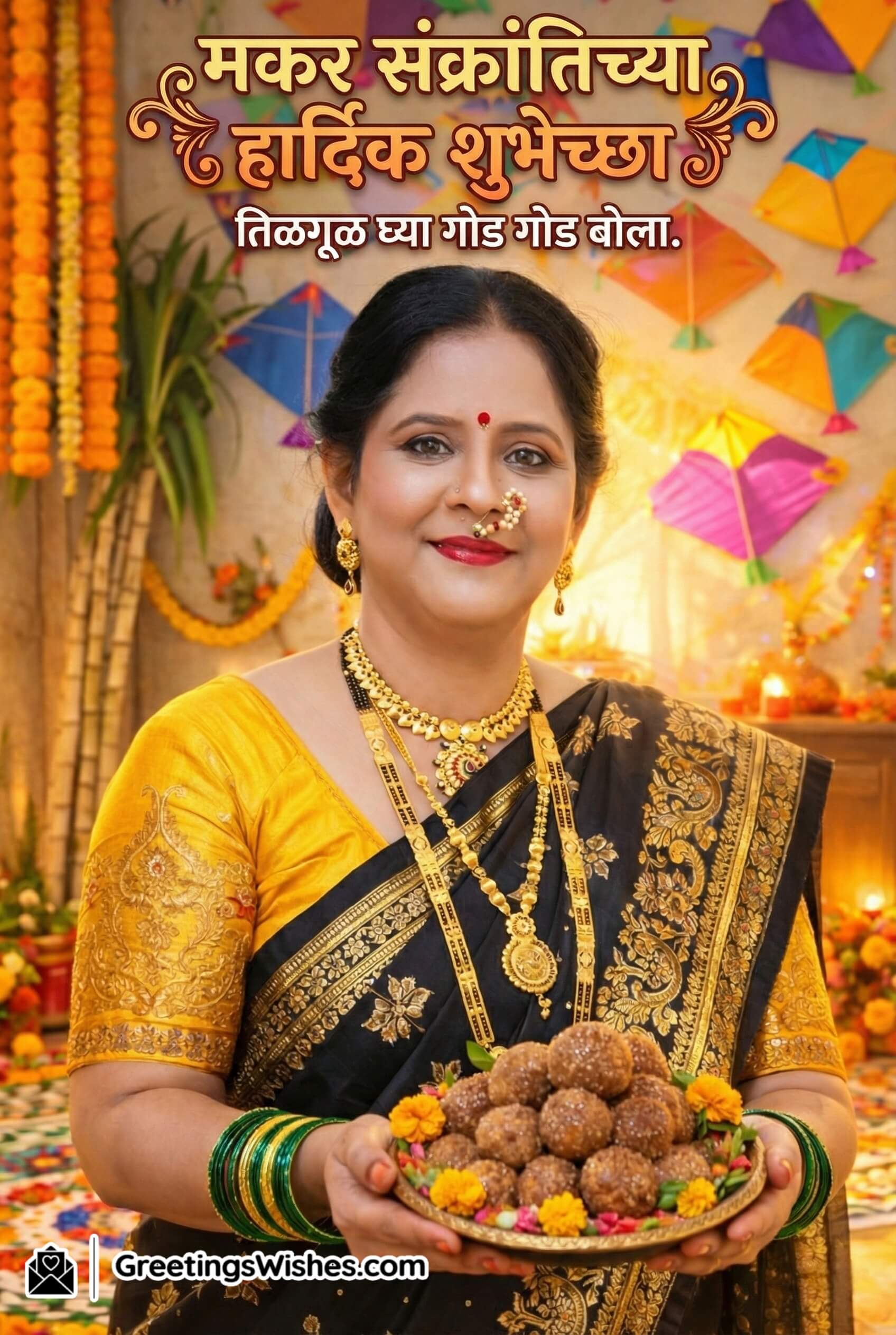 Black saree Sankranti photo showing a woman holding tilgul laddus with a wall of colourful kites, marigold garlands, sugarcane, and a bright festive home setup.