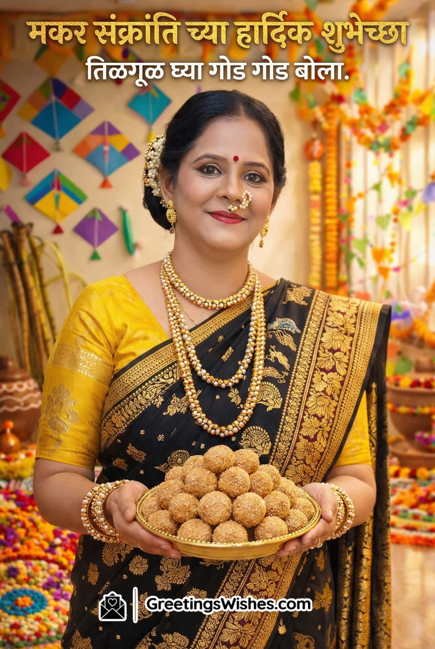 Black saree Sankranti photo featuring tilgul jewellery, a tilgul laddus plate, colourful kite decorations, sugarcane, rangoli, and a bright traditional home atmosphere.