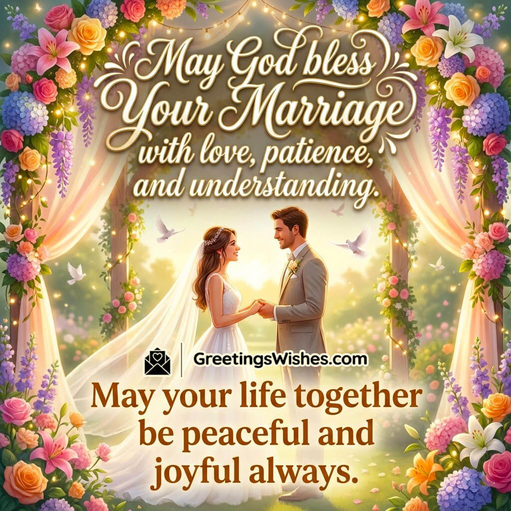 Blessings And Prayers For Newlyweds image showing a bride and groom holding hands beneath a flower-draped canopy with doves and glowing light, representing peace, faith, and divine blessing.