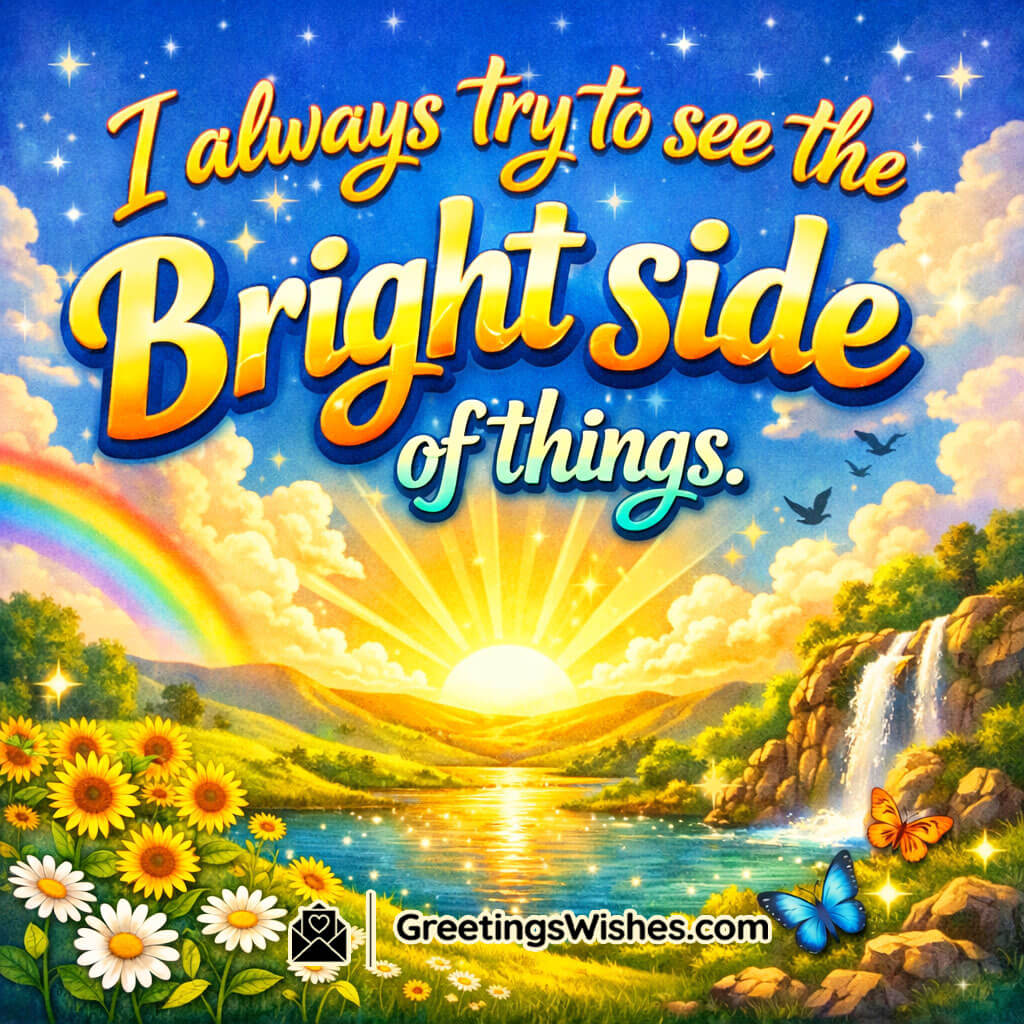 Bright Side Affirmation Quote Image, vibrant sunrise over a river with a rainbow, waterfall, butterflies and flowers showing hope and positivity.