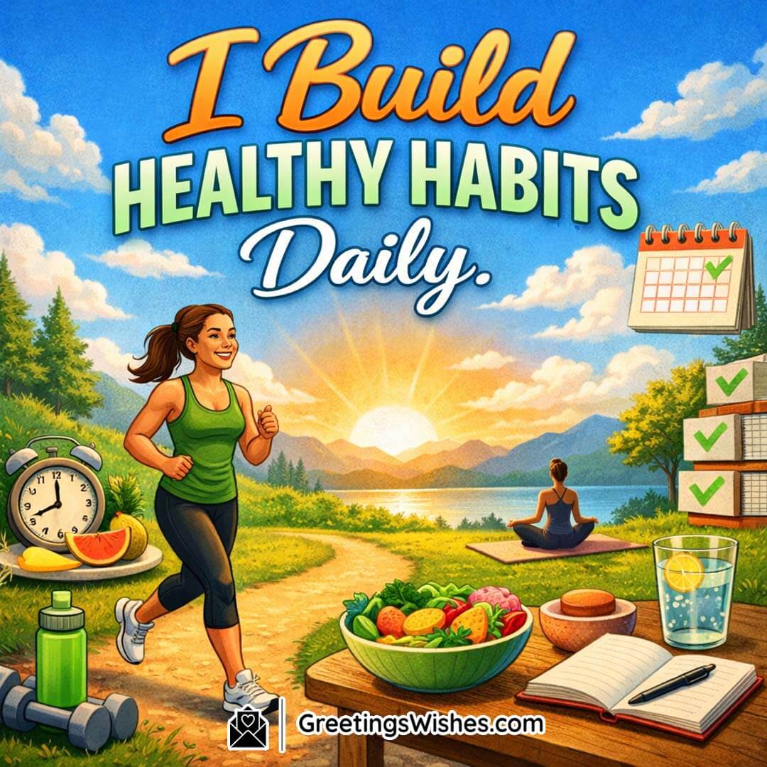 Building Healthy Daily Habits Affirmation Image, featuring a woman jogging, yoga practice, healthy food, water, and checklist under a sunrise sky, symbolising consistent habits that support physical and mental well-being.