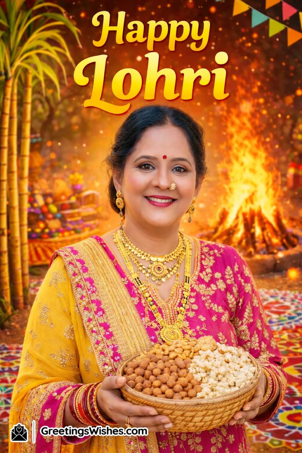 Happy Lohri Woman Photo with Traditional Offerings and Festive Setup, highlighting a woman in pink and yellow festive attire holding rewri, peanuts, and popcorn, with bonfire glow, rangoli designs, sugarcane, and colourful Punjabi Lohri elements.