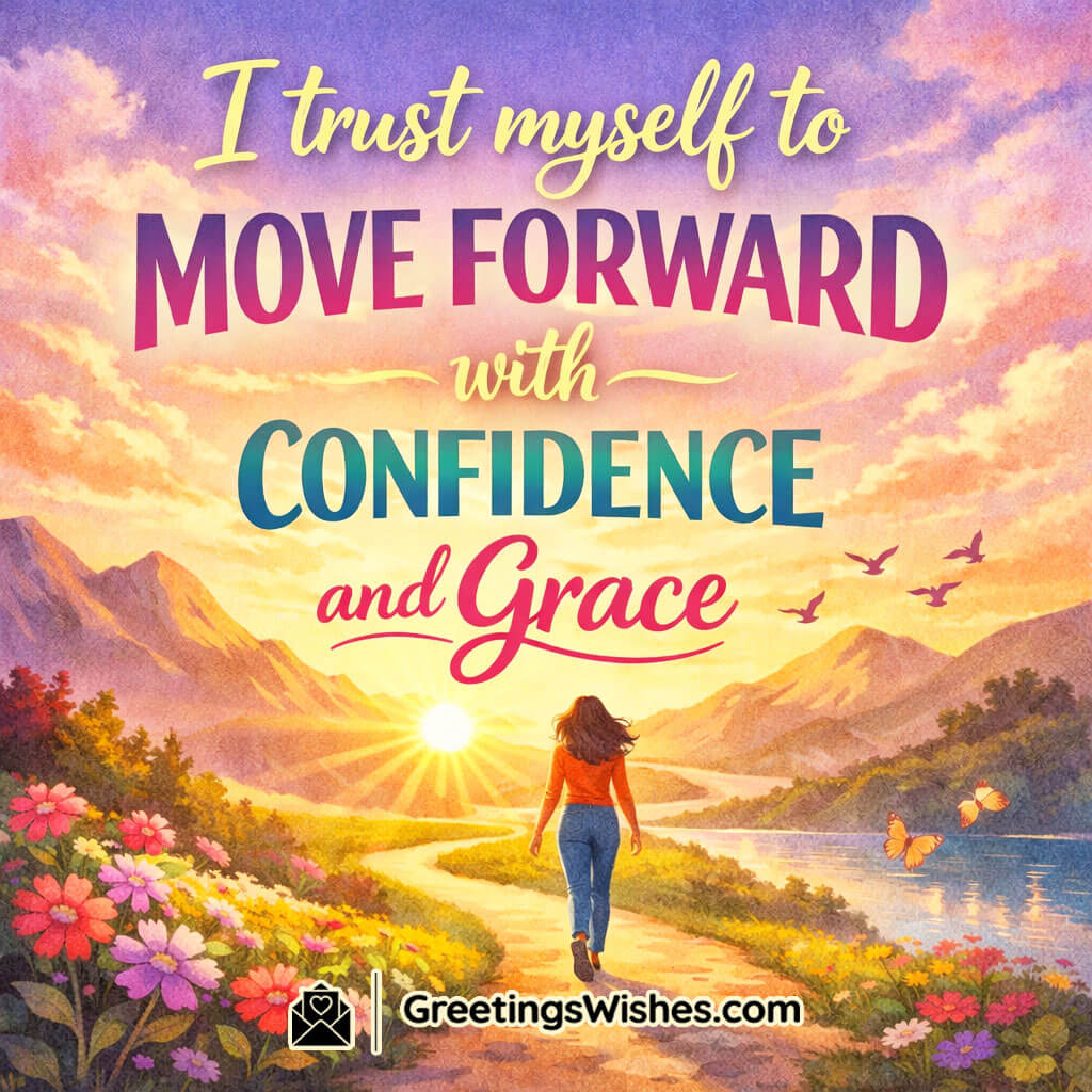 Confidence And Grace Affirmation Quote, sunrise valley landscape with a person walking on a path, birds flying and flowers nearby symbolising forward movement and inner strength.