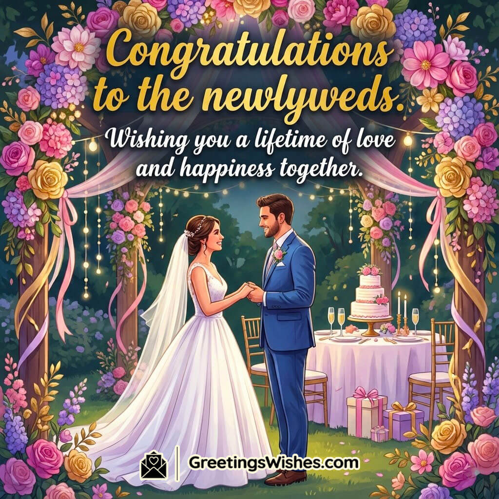 Congratulations Wishes For Newlyweds image featuring a bride and groom surrounded by roses, candles, and a wedding cake under twinkling lights, symbolizing love and celebration.