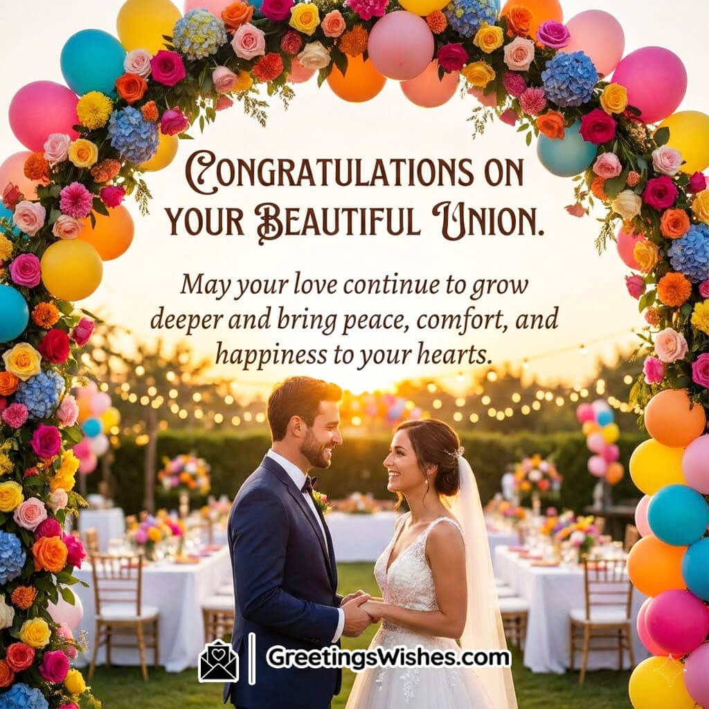 Congratulations On Your Beautiful Union image showing a couple standing beneath a balloon-decorated floral arch at sunset, surrounded by festive lights and joyful wedding decor.