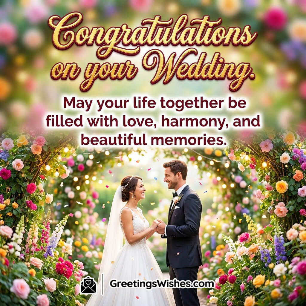 Congratulations On Your Wedding image featuring a smiling bride and groom holding hands under a floral arch filled with colorful blooms, symbolizing love, harmony, and togetherness.