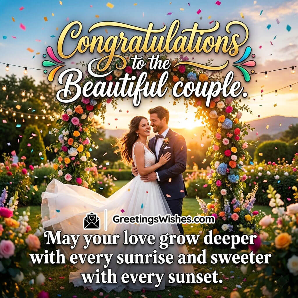 Congratulations To The Beautiful Couple image featuring the bride and groom embracing under a confetti-filled floral arch during sunset, symbolizing joy and everlasting love.