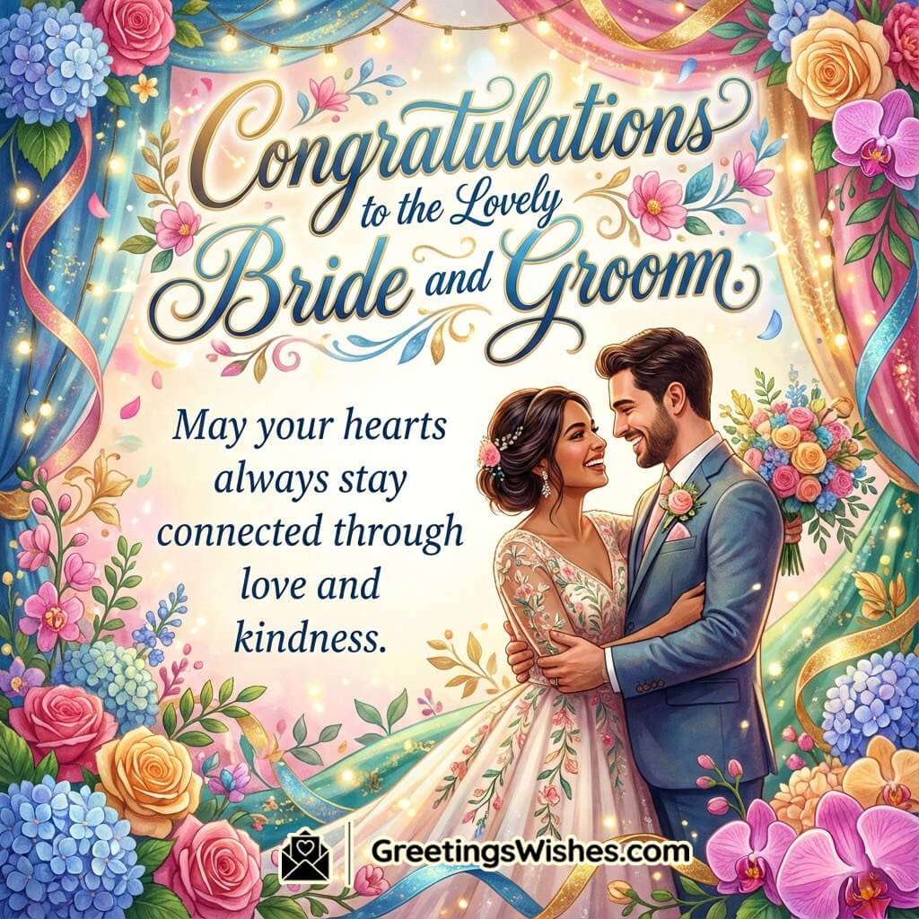 Congratulations To The Lovely Bride And Groom image showing a happy couple smiling at each other amid elegant floral drapes and pastel flowers, symbolizing beauty, love, and unity.