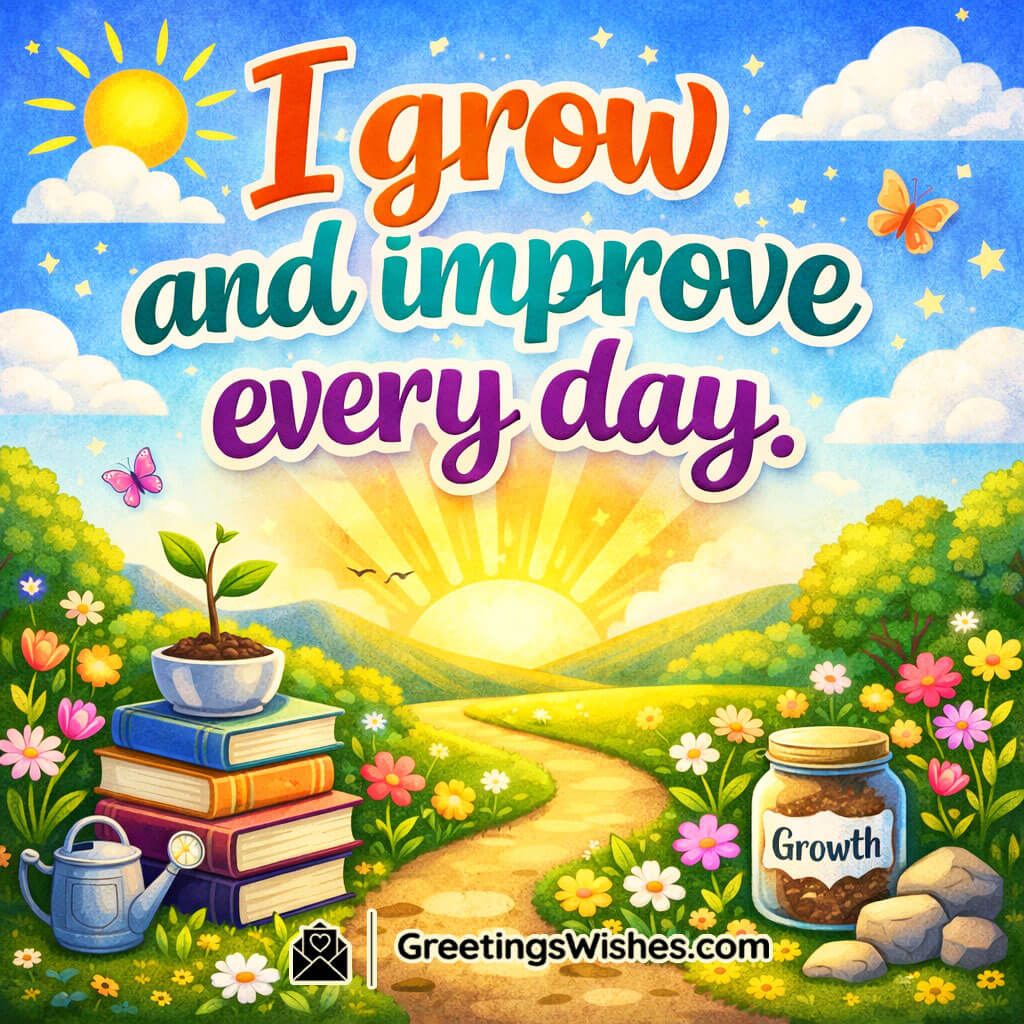 Daily Growth Affirmation Quote Image, bright sunrise over a winding garden path with colourful flowers, books and a small plant pot symbolising daily progress.