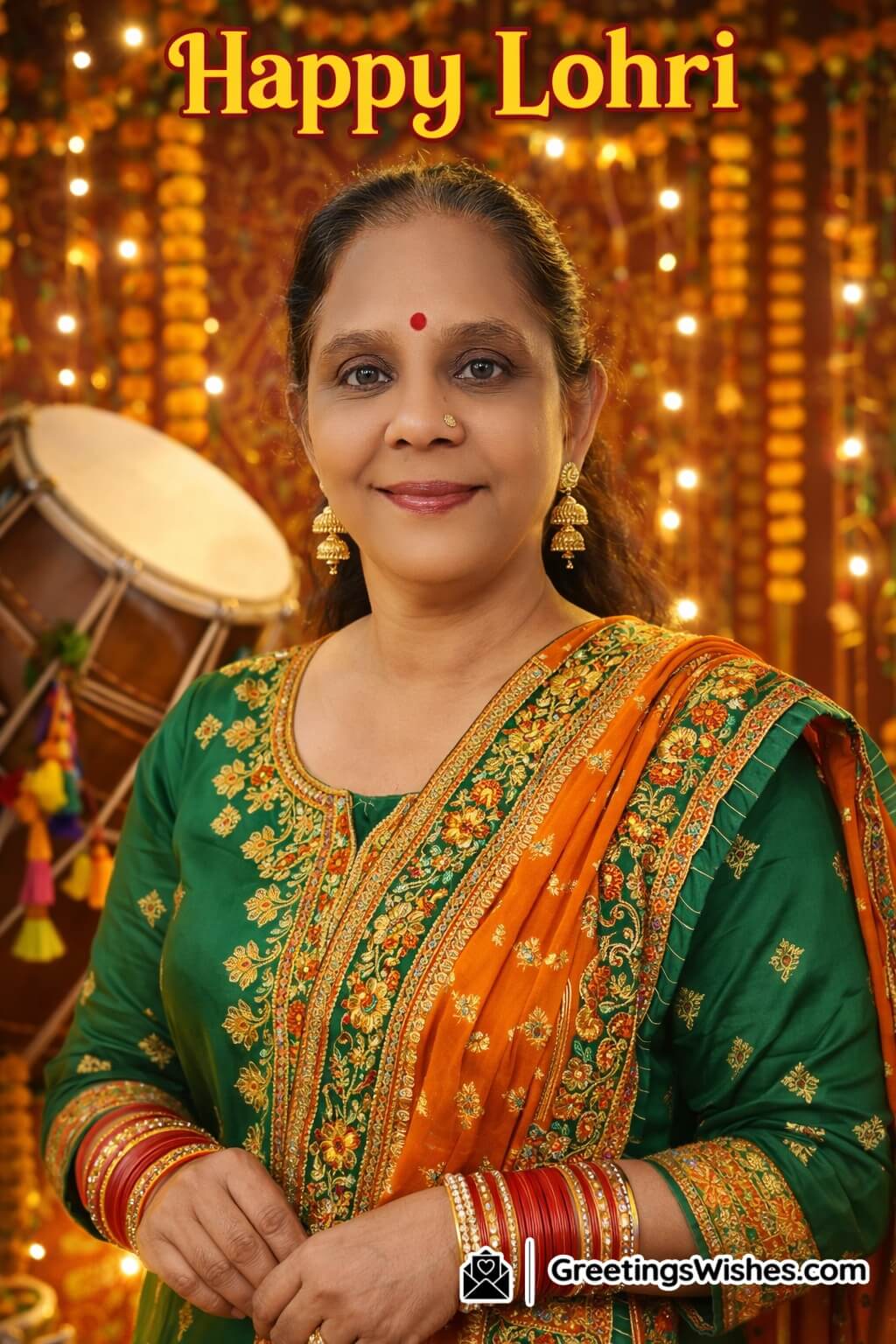 Elegant Lohri Photo of Woman in Punjabi Patiala Suit with Dhol Decor, showing a woman in royal green and orange Patiala suit surrounded by dhol, marigold toran, fairy lights, Punjabi patterns, and a festive evening glow celebrating Lohri traditions.