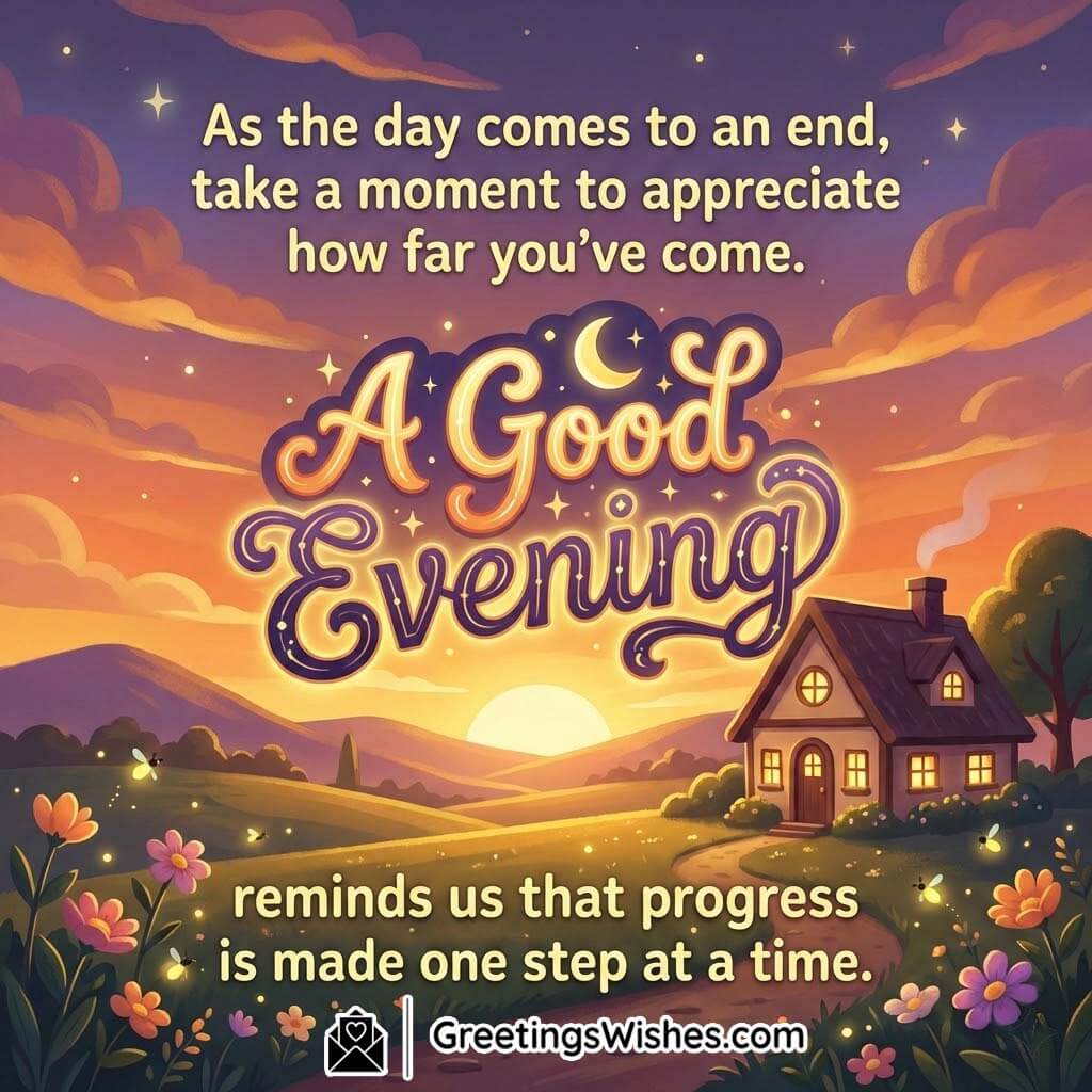Good Evening Message About Progress and Gratitude featuring a peaceful countryside home, glowing sunset sky, flowers, and calm evening tones symbolizing steady growth.