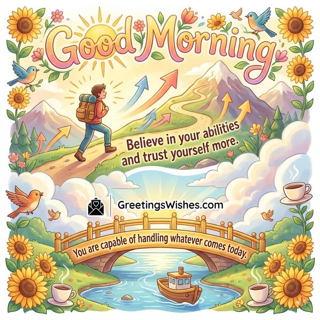 Good Morning Believe in Yourself Motivational Message Image featuring a rising path toward mountains with upward arrows and a confident traveller, symbolising self-trust, growth, and the courage to handle whatever comes today.