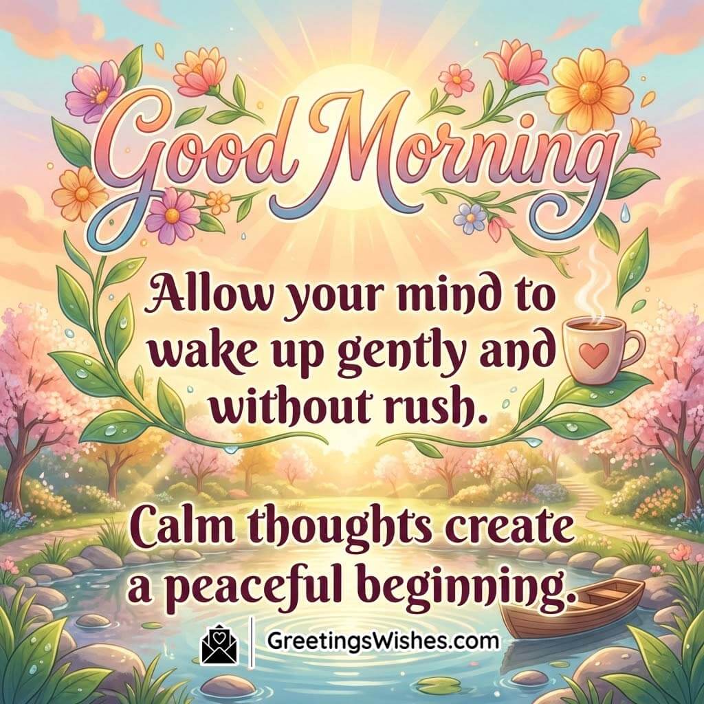 Good Morning Calm Thoughts And Peaceful Beginning Wish Image featuring a calm garden sunrise with gentle water, blossoms, and a quiet tea cup, symbolising a slow, peaceful start that helps the mind wake up softly and feel balanced.