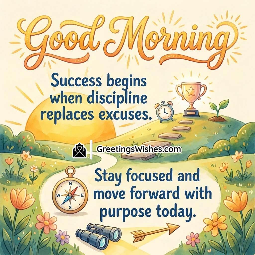 Good Morning Discipline and Focus Success Message Image featuring a warm morning horizon with a small goal-trophy, stepping stones, and time symbols, representing discipline, focus, and steady progress that turns effort into success.