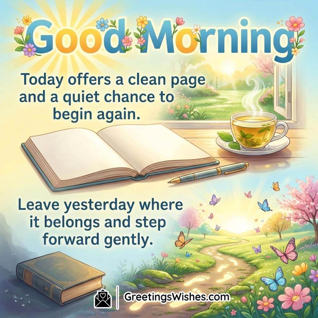 Good Morning Fresh Start New Beginnings Quote Image featuring an open notebook, pen, and warm tea by a bright window with a peaceful path ahead, symbolising a clean page, a gentle restart, and moving forward with calm confidence.