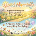 Good Morning Positive Thoughts And Hopeful Mindset Wish Image featuring a soft sunrise over a flower-filled path with cheerful birds and light, symbolising how positive thoughts at the start make the whole day feel lighter and hopeful.