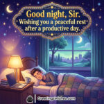 Good Night Sir Message for Peaceful Rest Image featuring a calm bedroom night scene with a sleeping person on the bed, a warm bedside lamp, laptop and books on a table, and a window showing moon and stars, symbolizing relaxation after a productive day.