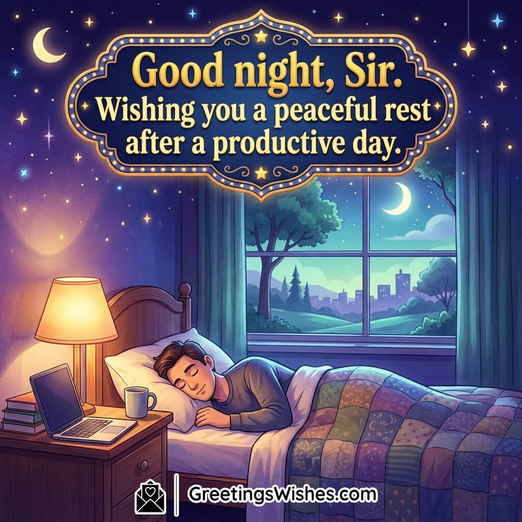 Good Night Sir Message for Peaceful Rest Image featuring a calm bedroom night scene with a sleeping person on the bed, a warm bedside lamp, laptop and books on a table, and a window showing moon and stars, symbolizing relaxation after a productive day.