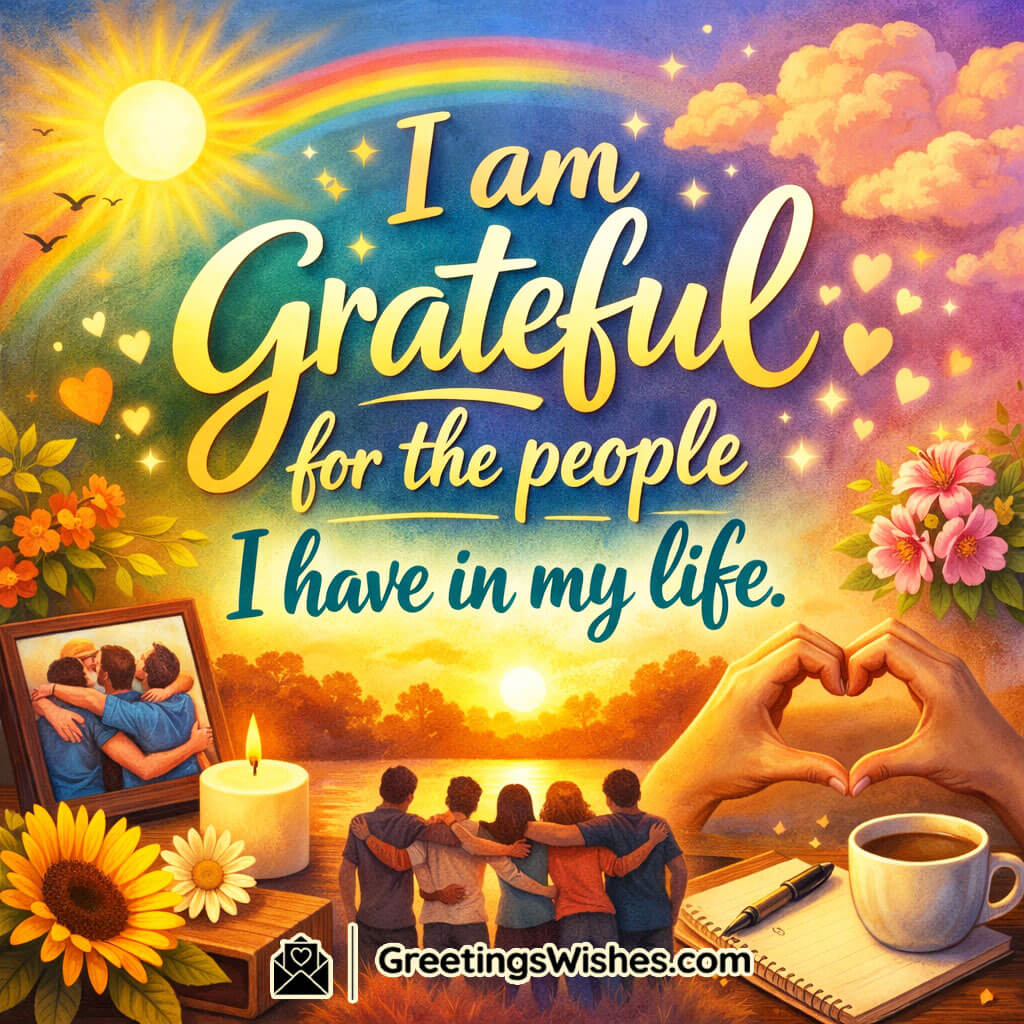 Grateful for the People in My Life Quote image showing friends embracing near a glowing sunset, with coffee, flowers, a candle, and a heart-shaped hand gesture, symbolizing love and appreciation.