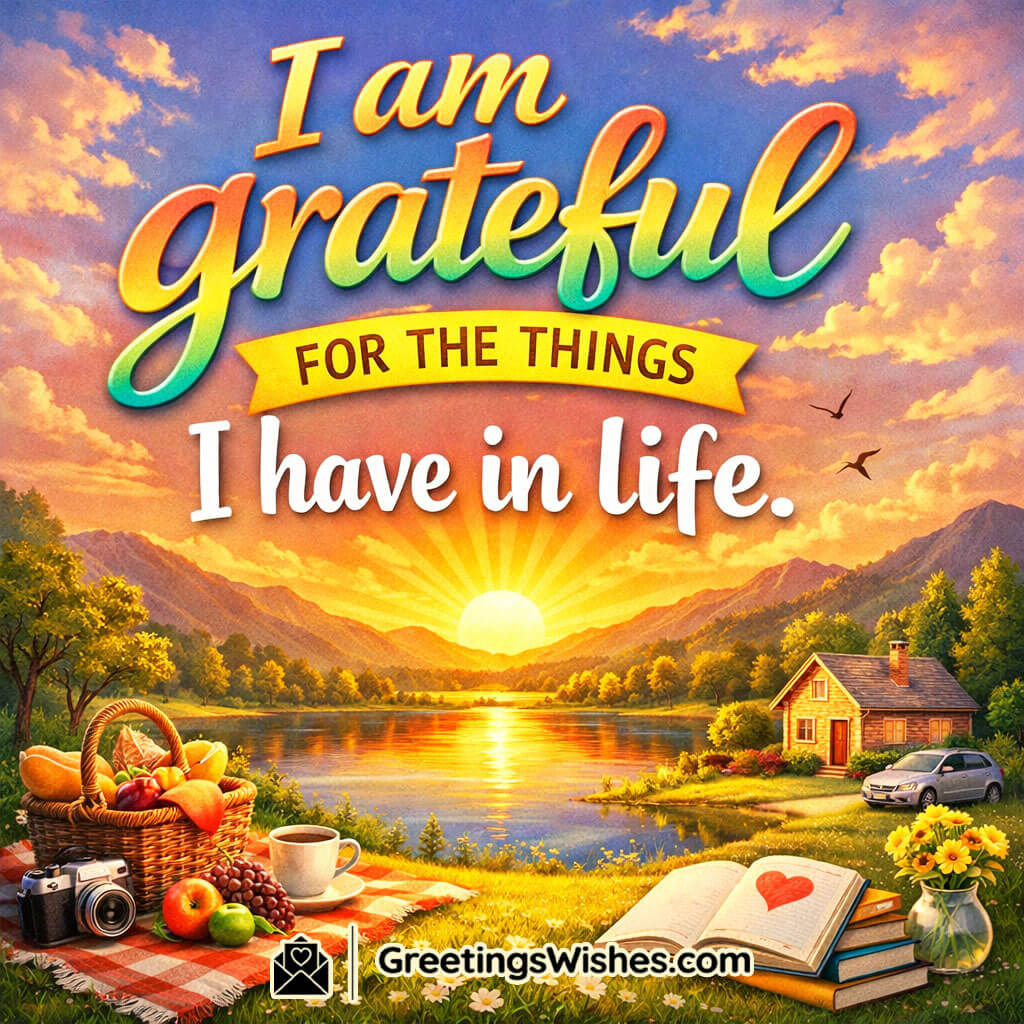 Grateful for the Things I Have Quote image featuring a cozy picnic by a lakeside sunrise with fruits, coffee, books, and a small cottage, reflecting gratitude for life’s blessings.