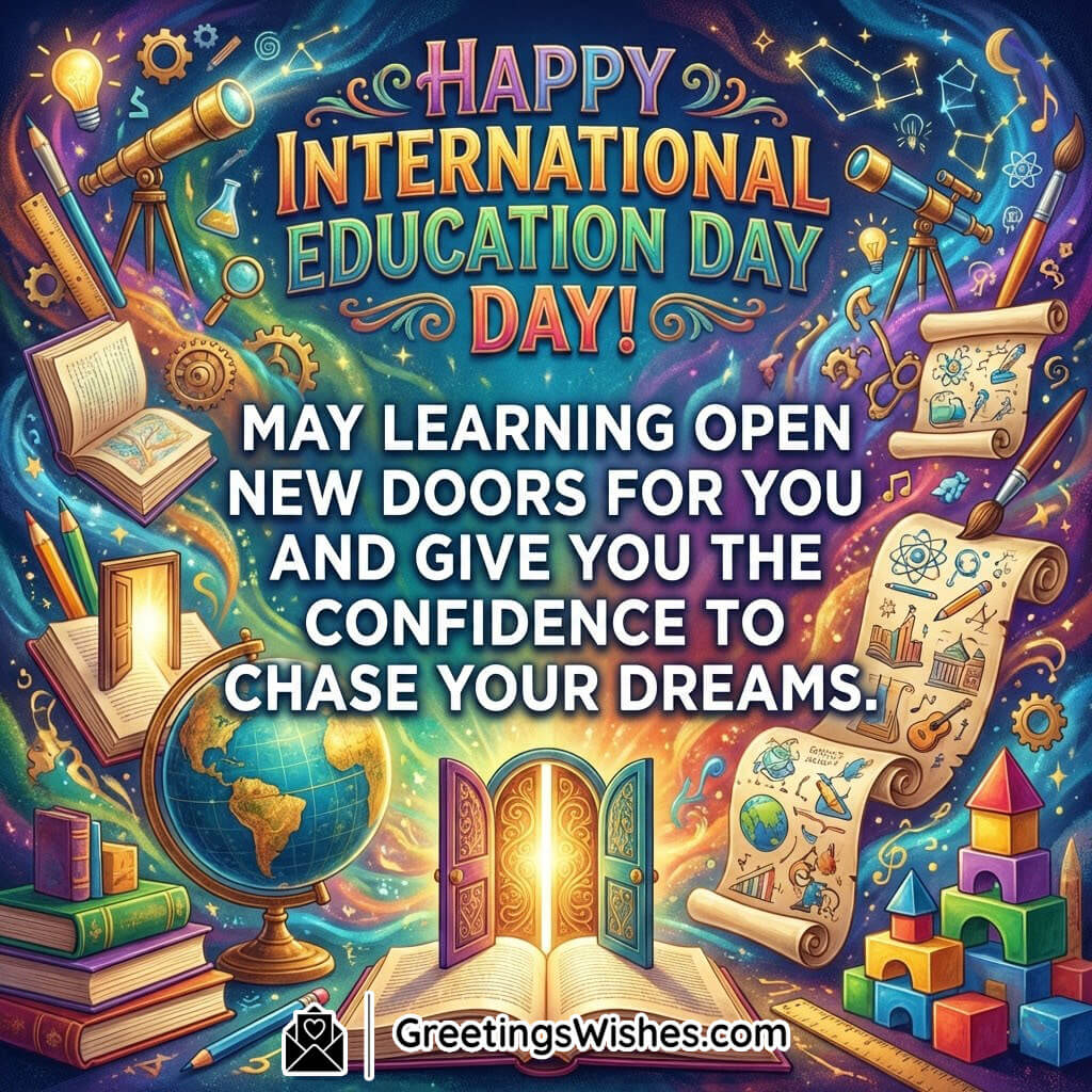 Happy International Education Day Message Image for Learning, featuring a colourful education-themed collage with books, telescope, globe, science icons, open doorway and glowing creativity elements, symbolising knowledge, confidence, and new opportunities.
