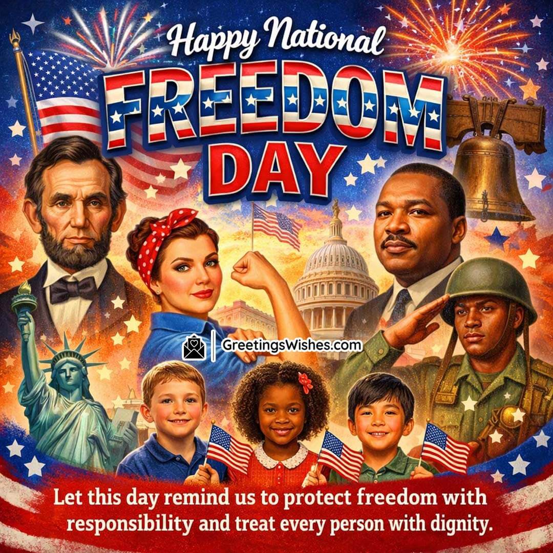 Happy National Freedom Day Message On Responsibility And Respect, symbolising shared freedom through diverse leaders, citizens, children holding flags, and national landmarks, reflecting unity, responsibility, and dignity as the foundation of a free society.