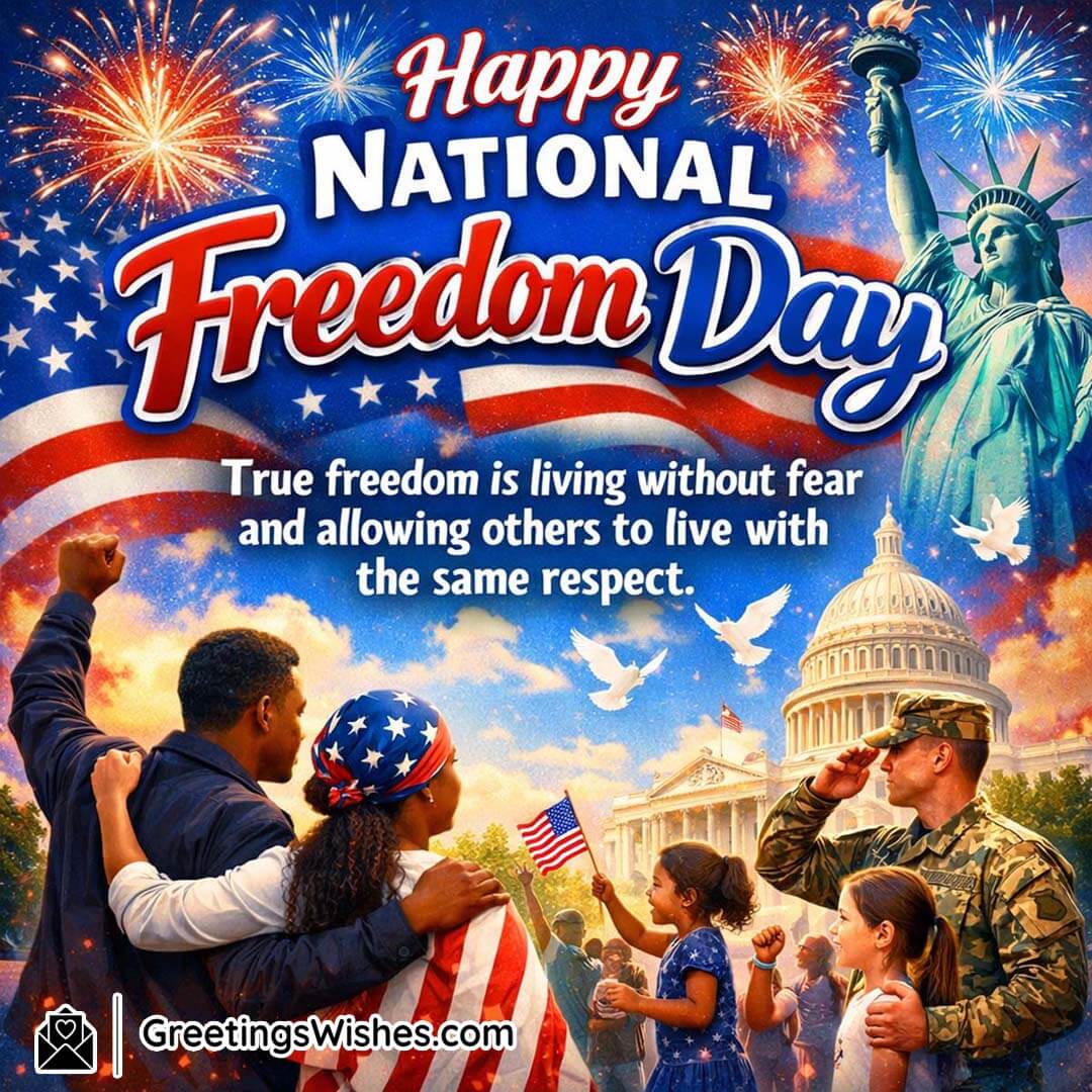 Happy National Freedom Day Quote On True Freedom And Unity, showing families, soldiers, and citizens together under the national flag, symbolising courage, mutual respect, peace, and the collective duty to protect freedom for future generations.