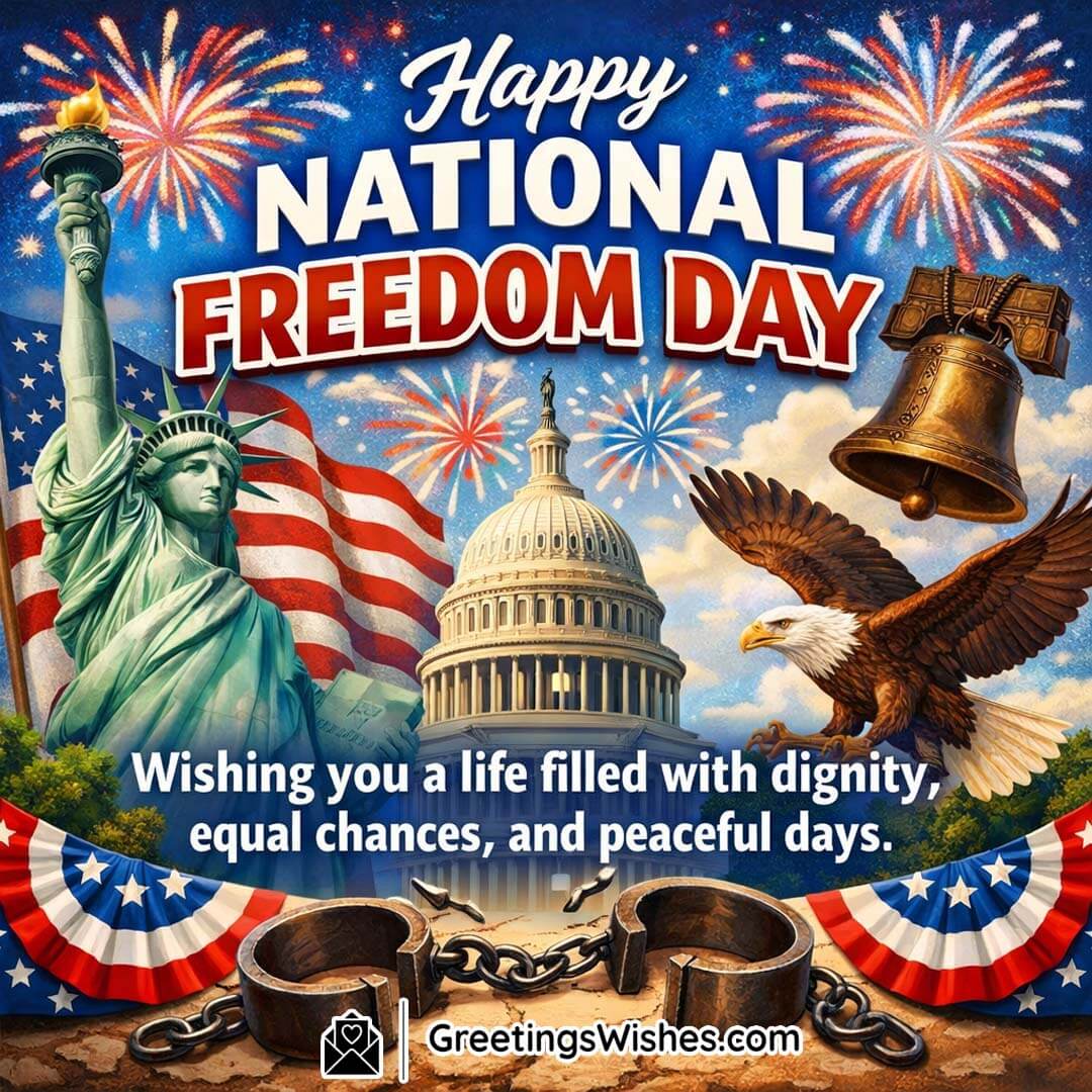 Happy National Freedom Day Wish On Dignity And Equal Rights, featuring the Statue of Liberty, the US Capitol, a broken chain, and fireworks symbolising freedom earned through struggle, justice, equal opportunities, and peaceful living for all.