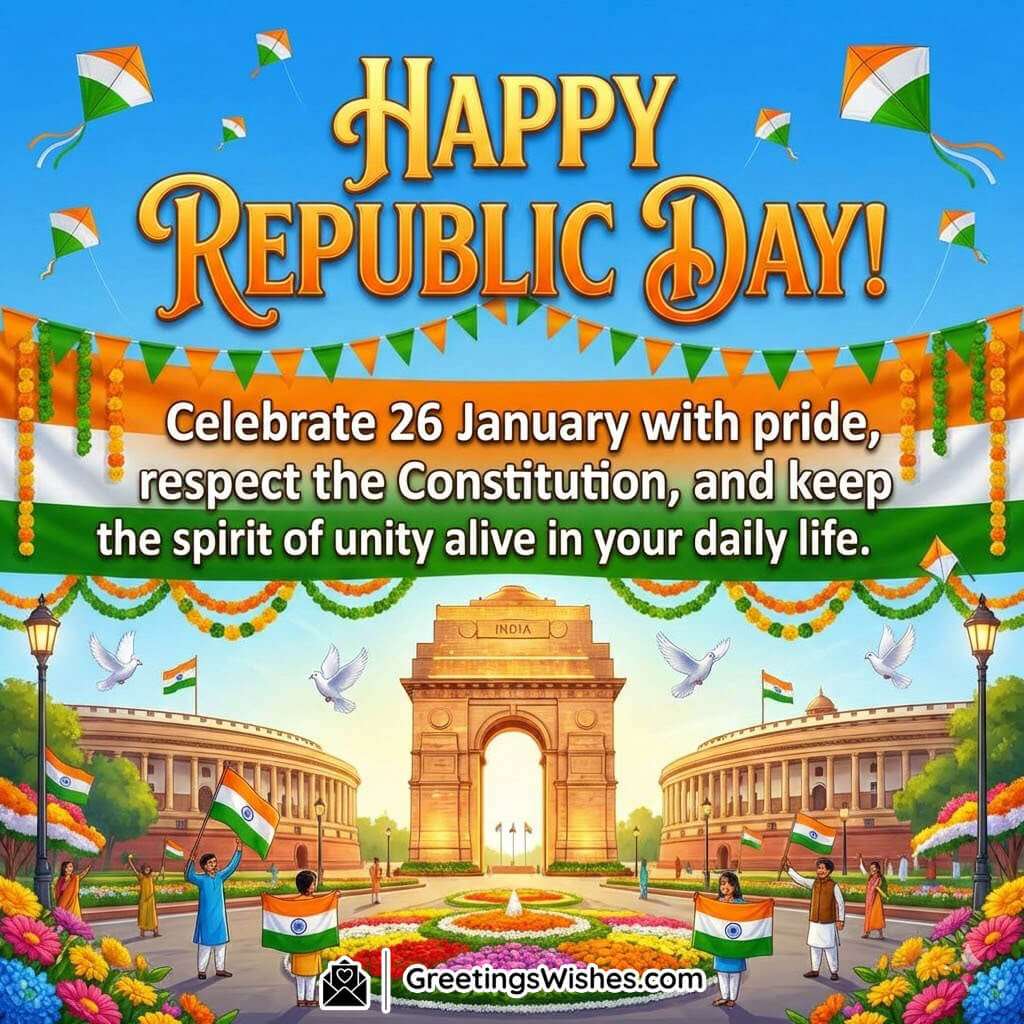Happy Republic Day Message Image for 26 January Pride, featuring India Gate with tricolour decorations, kites, flags, doves and people holding the Indian flag in a festive scene, symbolising unity, patriotism, and national pride.