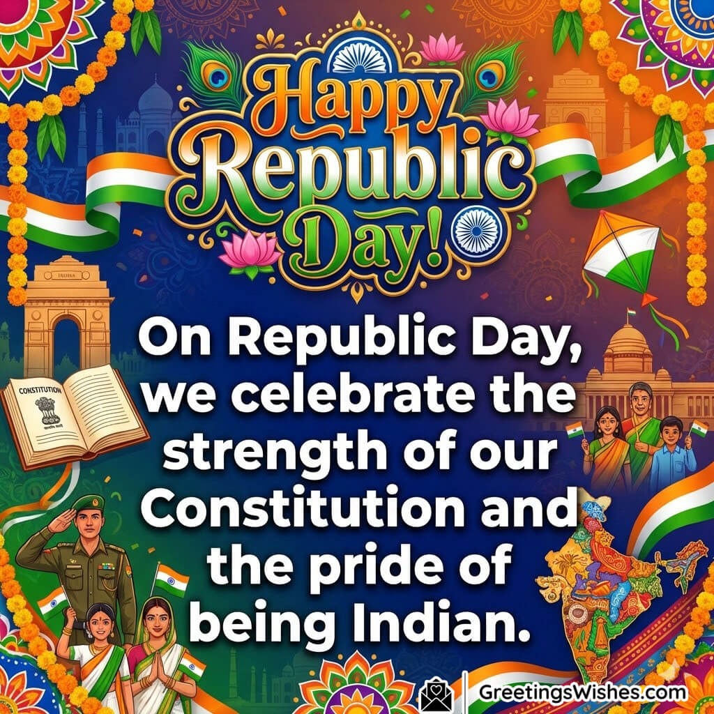 Happy Republic Day Quote Image on Constitution Pride, featuring tricolour ribbons, Ashoka Chakra, Constitution book, India landmarks and patriotic cultural elements in a vibrant festive design, symbolising respect for the Constitution and Indian pride.
