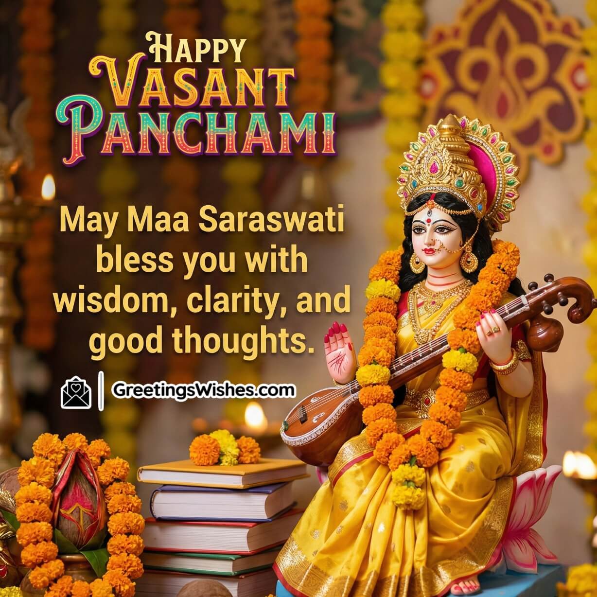 Happy Vasant Panchami Blessings Image with Maa Saraswati Blessings, featuring a beautiful Maa Saraswati idol with veena, marigold garlands and books in a warm festive puja background, symbolising wisdom and positive thoughts.