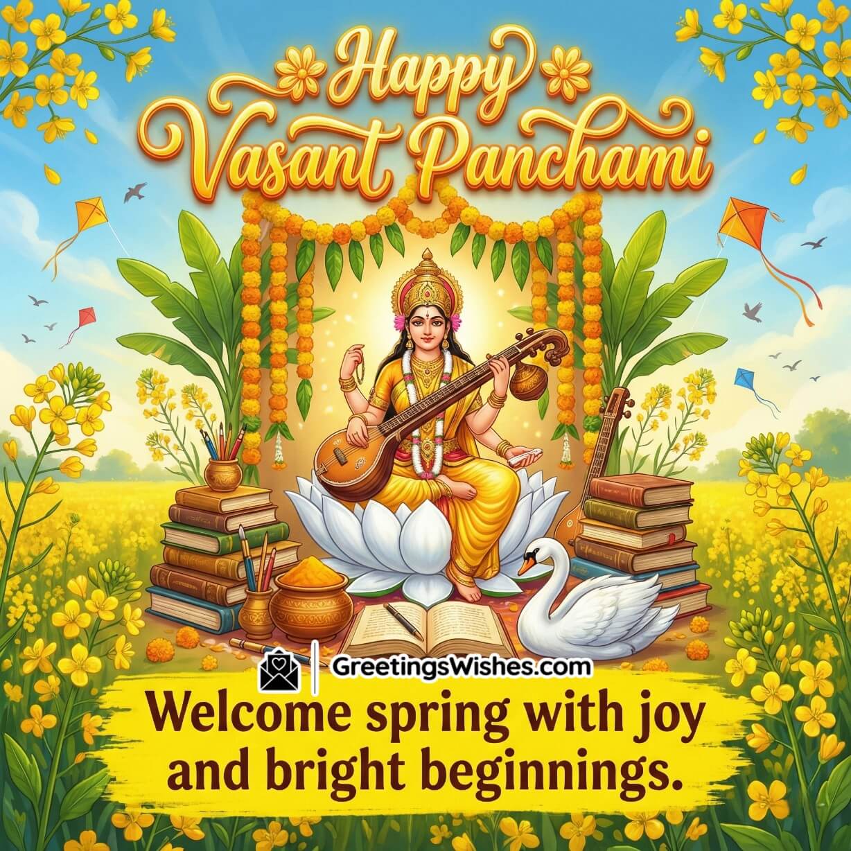 Happy Vasant Panchami Greeting Image for Fresh Spring Energy, featuring Goddess Saraswati with veena on a decorated stage surrounded by marigold strings, rangoli, sweets, flowers and a mustard field backdrop, symbolising joy, freshness, and festive warmth.