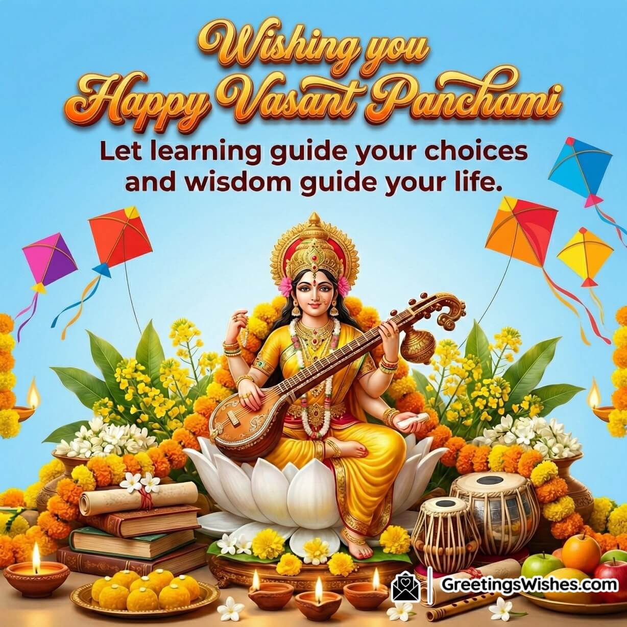 Happy Vasant Panchami Quote Image for Wisdom, featuring Goddess Saraswati seated on a lotus with veena, diyas, sweets, books, fruits and festive flowers, with colourful kites in the sky, symbolising knowledge and right guidance.