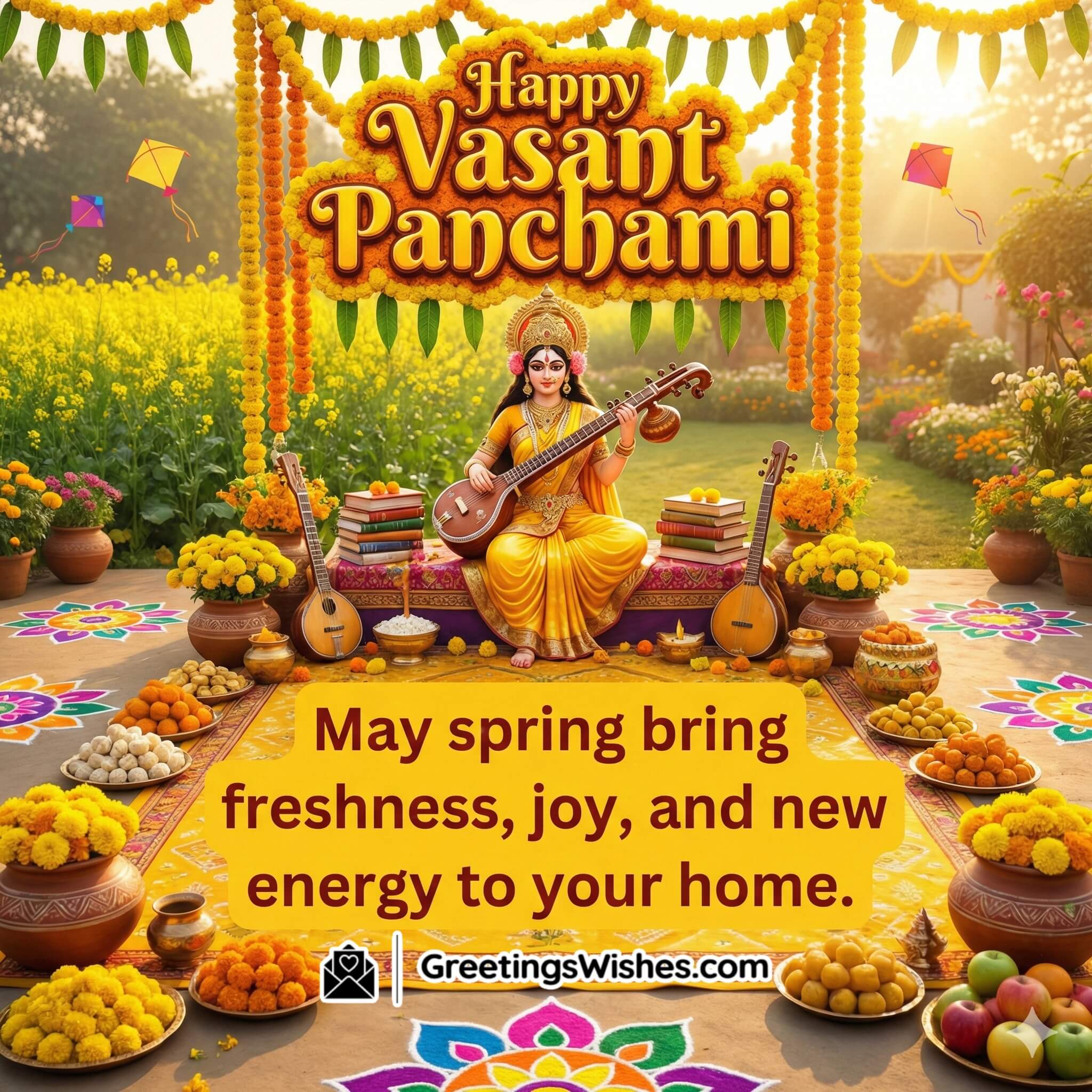 Happy Vasant Panchami Wish Image for Spring Joy, featuring Goddess Saraswati on a white lotus with veena, books and marigold garlands, mustard flowers and kites in a bright spring sky, symbolising learning and new beginnings.