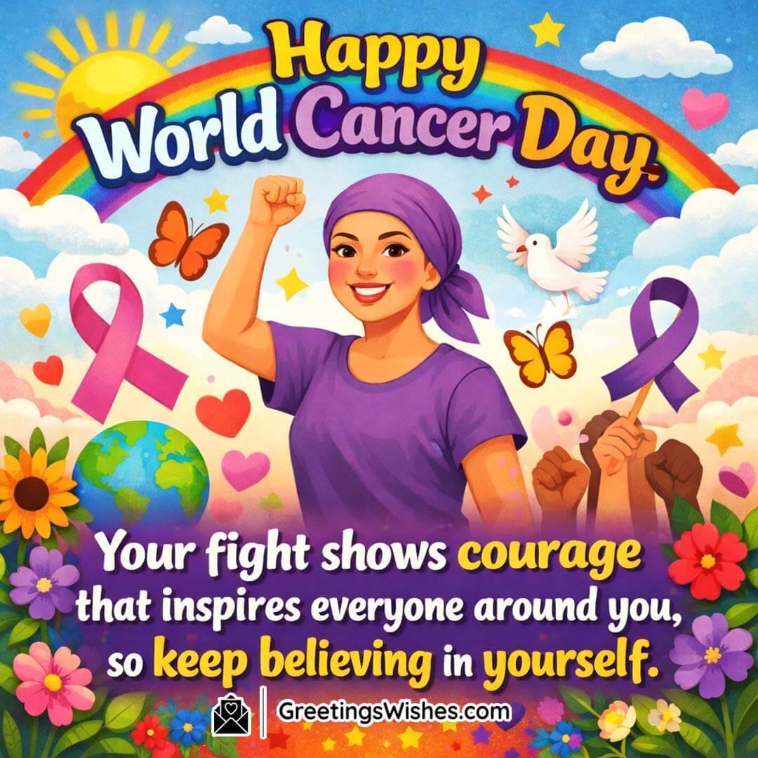Happy World Cancer Day Courage And Strength Inspiration Image, featuring a confident survivor raising a fist beneath a rainbow with awareness ribbons, butterflies, and hearts, symbolising resilience, inner courage, and hope that inspires others.