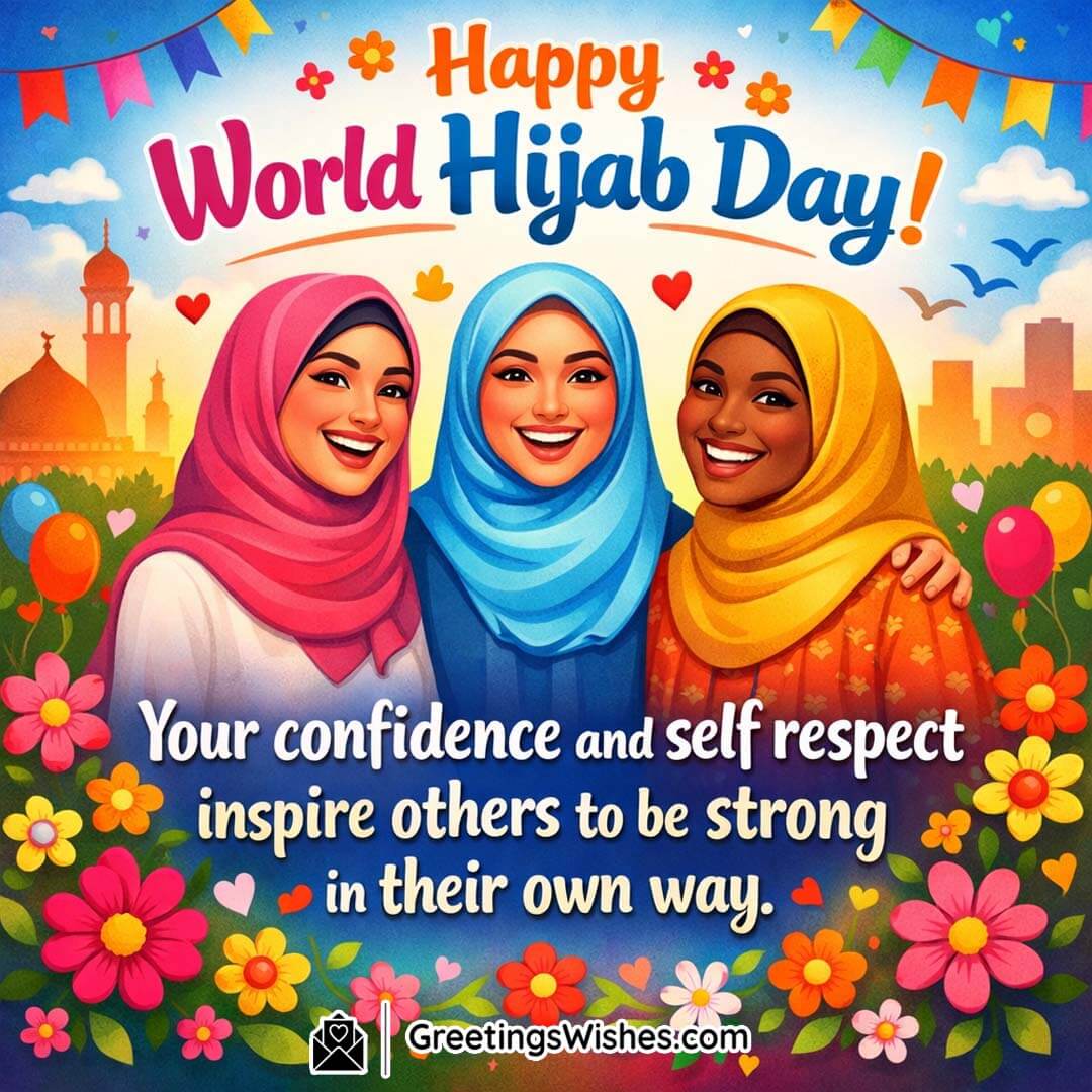 Happy World Hijab Day Message On Confidence And Self Respect, showing joyful women standing together in vibrant hijabs with celebratory decor, symbolising inner strength, unity, and pride in personal identity.