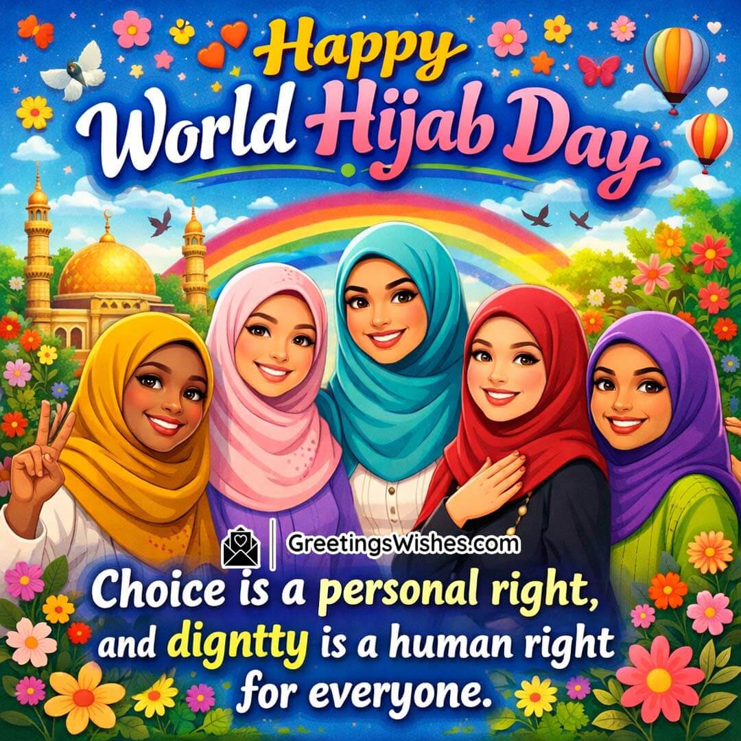 Happy World Hijab Day Quote On Personal Choice And Dignity, showing confident women standing together beneath a rainbow and cultural landmarks, symbolising equality, human rights, and respect for individual beliefs.