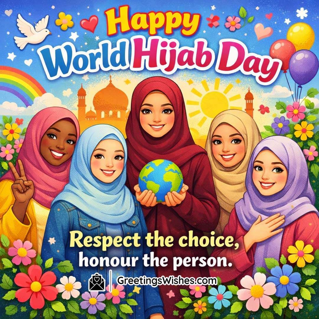 Happy World Hijab Day Status Honouring Choice And Respect, featuring women in different hijab styles with peaceful symbols and bright colours, representing freedom of choice, harmony, and mutual understanding.