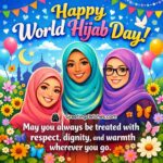 Happy World Hijab Day Wish On Respect And Dignity, featuring smiling women in colourful hijabs surrounded by flowers and festive elements, symbolising confidence, mutual respect, and warmth across