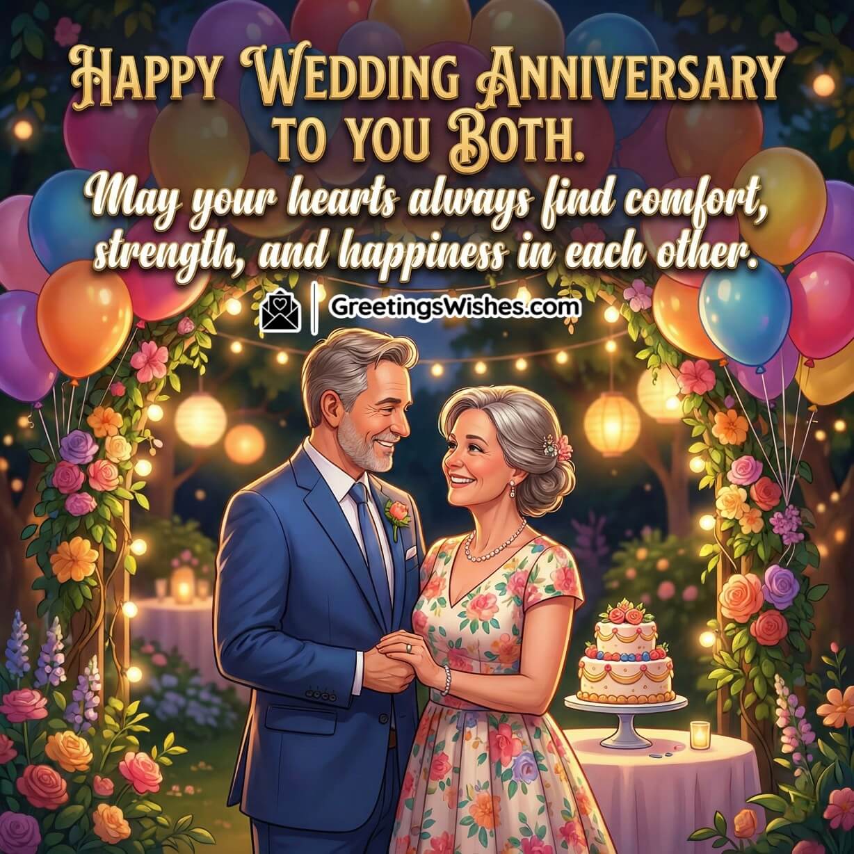 Heartfelt Wedding Anniversary Message Image featuring an elegant mature couple holding hands under a floral arch with warm hanging lights, balloons and a cake table, symbolising comfort, support, and lifelong companionship.