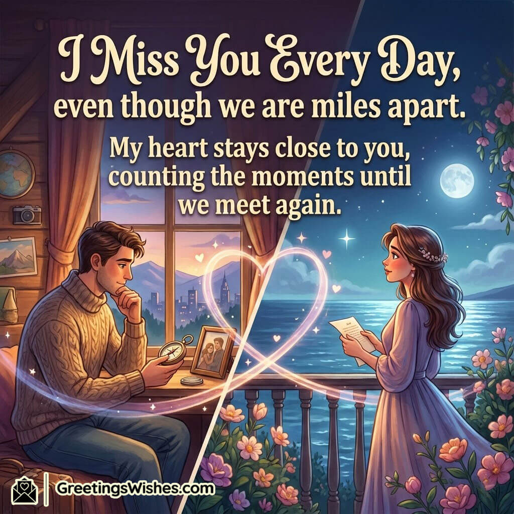 I Miss You Every Day Message image featuring a man holding a compass and a woman reading a letter by the sea under a full moon, with glowing hearts connecting them, symbolizing distance and hope.
