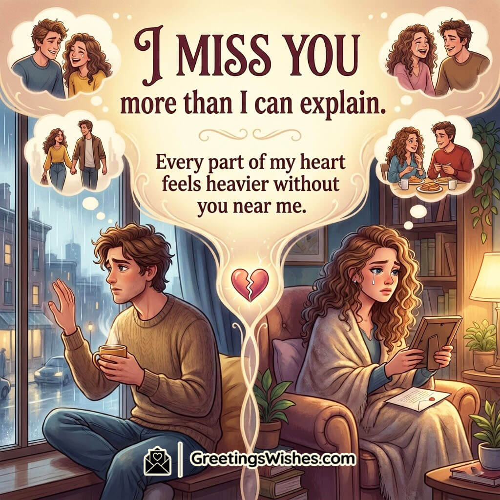 I Miss You Heartfelt Message image showing a sad couple separated by distance, each remembering joyful moments together with a glowing heart symbol, expressing emotional pain and love.