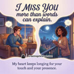 I Miss You More Than Words image featuring a man and woman thinking of each other under the moonlight, sitting apart with heart-shaped thoughts, symbolizing deep emotional longing.