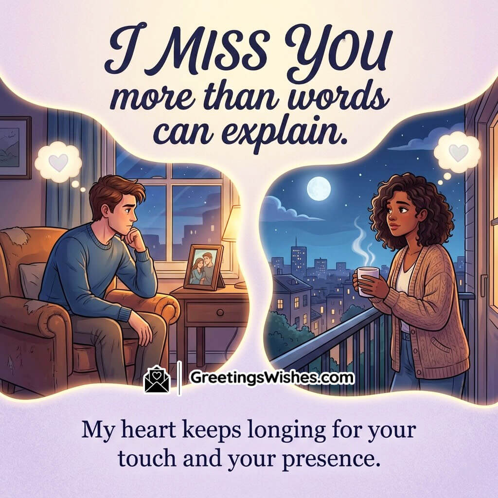 I Miss You More Than Words image featuring a man and woman thinking of each other under the moonlight, sitting apart with heart-shaped thoughts, symbolizing deep emotional longing.