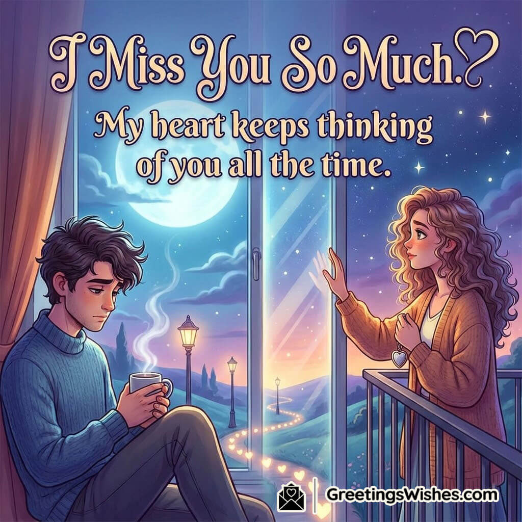 I Miss You So Much Romantic Quote image showing a couple gazing through a window under a moonlit sky filled with stars and glowing hearts, symbolizing longing and love across distance.