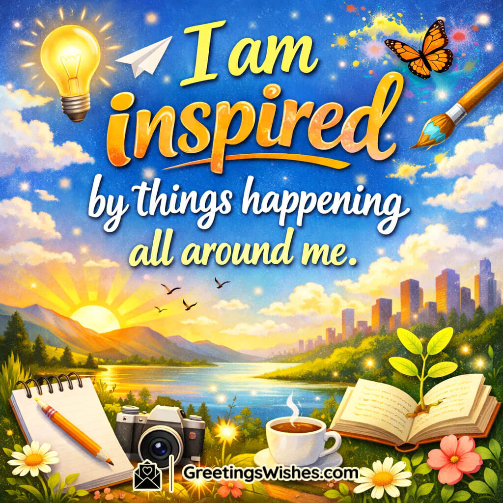 Inspired by Life Affirmation image featuring a bright sunrise with city skyline, camera, open book, coffee cup, notepad, and butterflies, symbolizing creativity and everyday inspiration.
