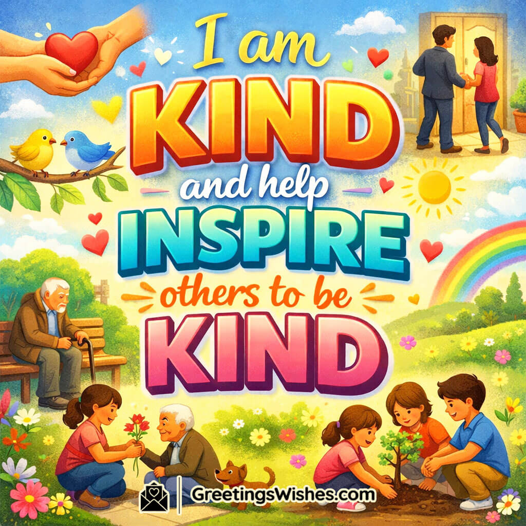 Kindness and Inspiration Affirmation image showing cheerful people helping elders and planting trees under a rainbow sky with hearts, flowers, and sunshine, symbolizing spreading kindness and positivity.