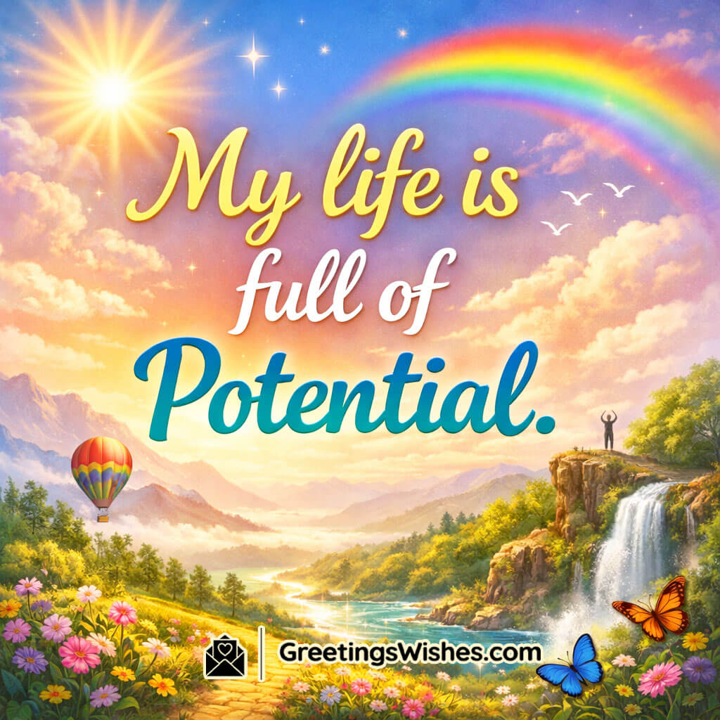 Life Potential Affirmation Quote Image, glowing sky with rainbow, valley river, waterfall and a hot air balloon symbolising dreams and unlimited possibilities.